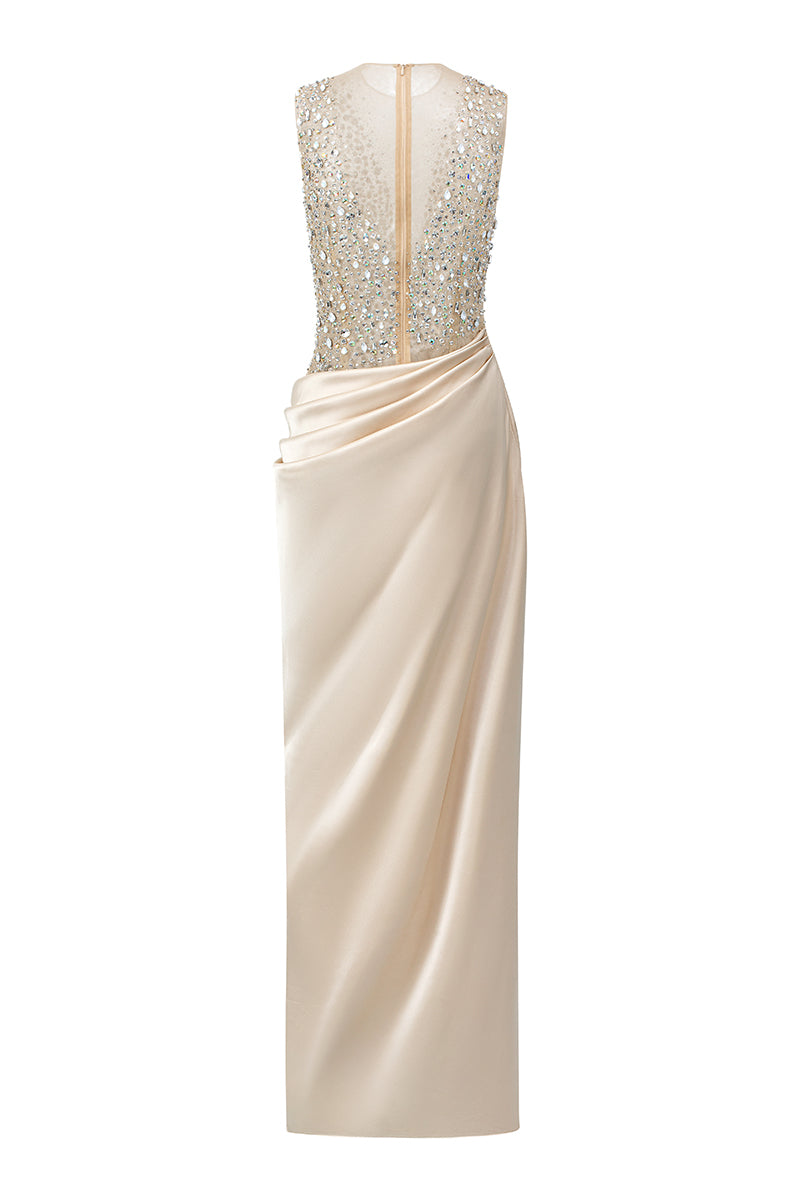 Beige silk satin and tulle gown by 21Six, featuring elegant draping and intricate detailing, perfect for formal occasions.