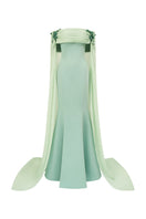 Mint VANA crepe and chiffon gown by 21Six, showcasing elegant fabric and flowing design, perfect for formal occasions.