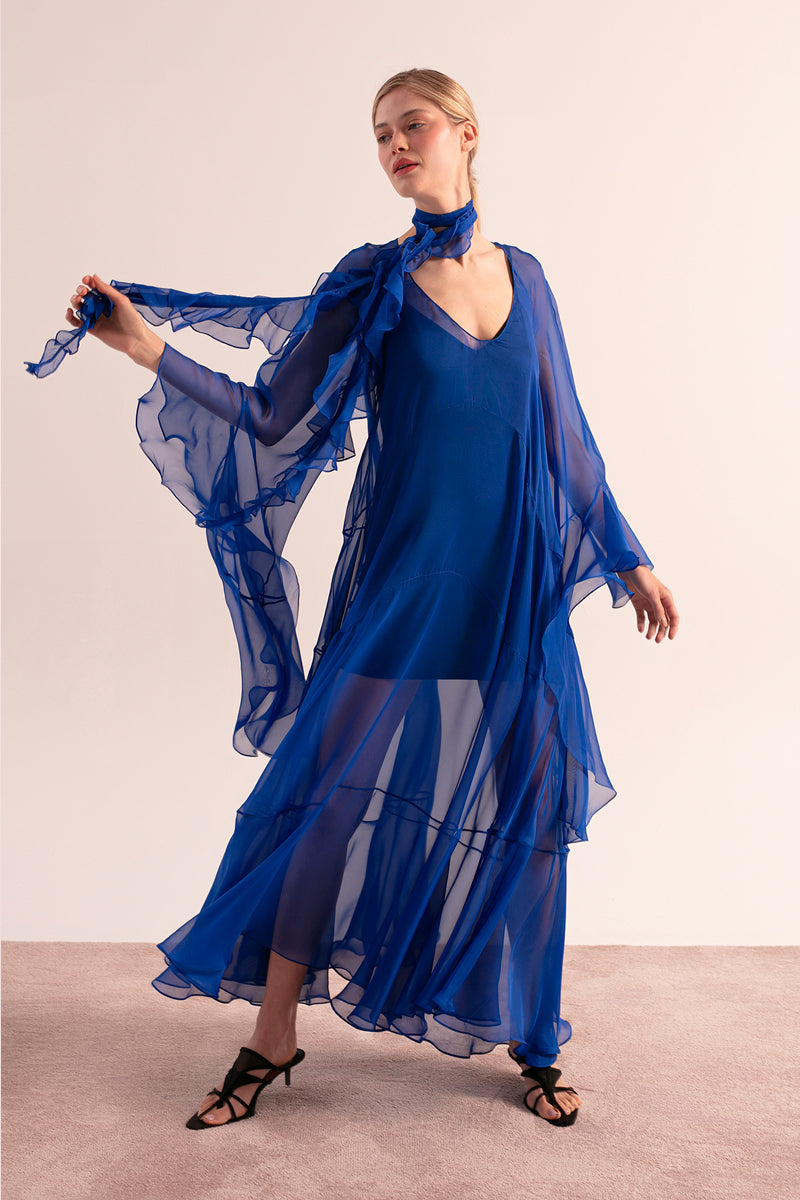OvertheSea blue maxi dress with a flowing design, showcasing the elegant depth dress style in a vibrant blue fabric.