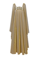 Metallic gold wave bustier kaftan gown by AKHL featuring flowing fabric and elegant design, perfect for stylish occasions.