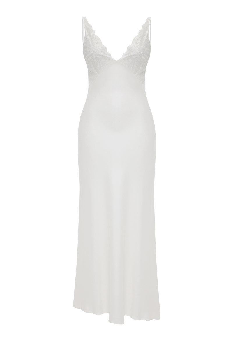 Bocan Couture ELLE long rayon nightgown with off-white lace trim, flowing design and elegant details.