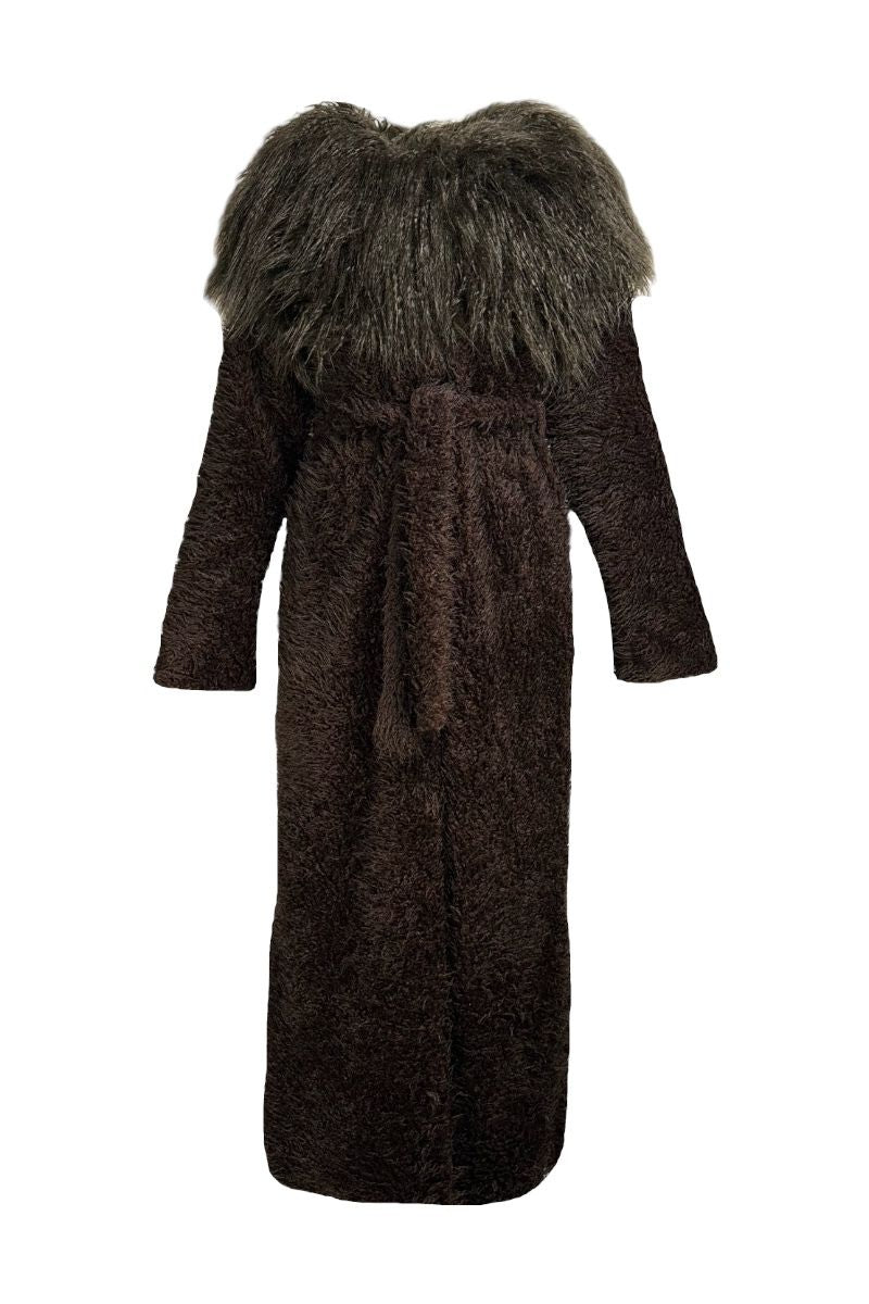FAUX FUR MAXI COAT WITH FLARED SLEEVES IN BROWN - CULT MIA