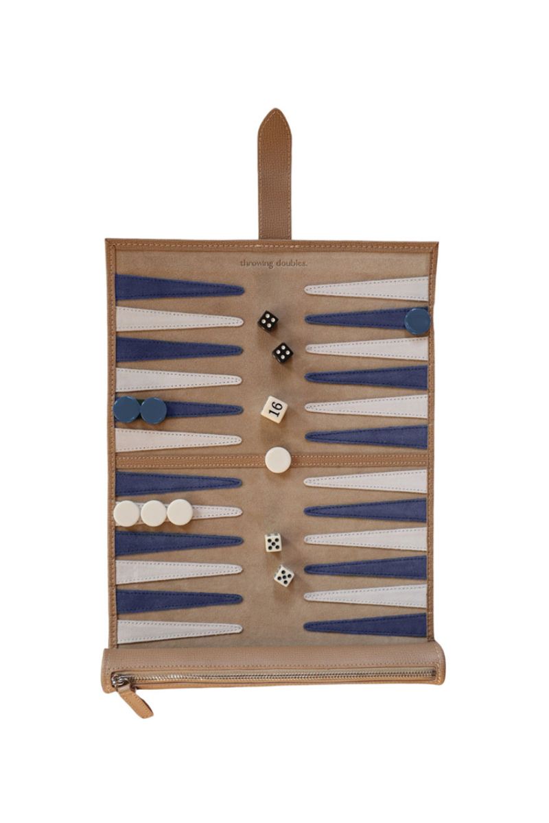 Travel backgammon board in Nantucket style by Throwing Doubles, featuring a compact game set with decorative Nantucket-inspired design.