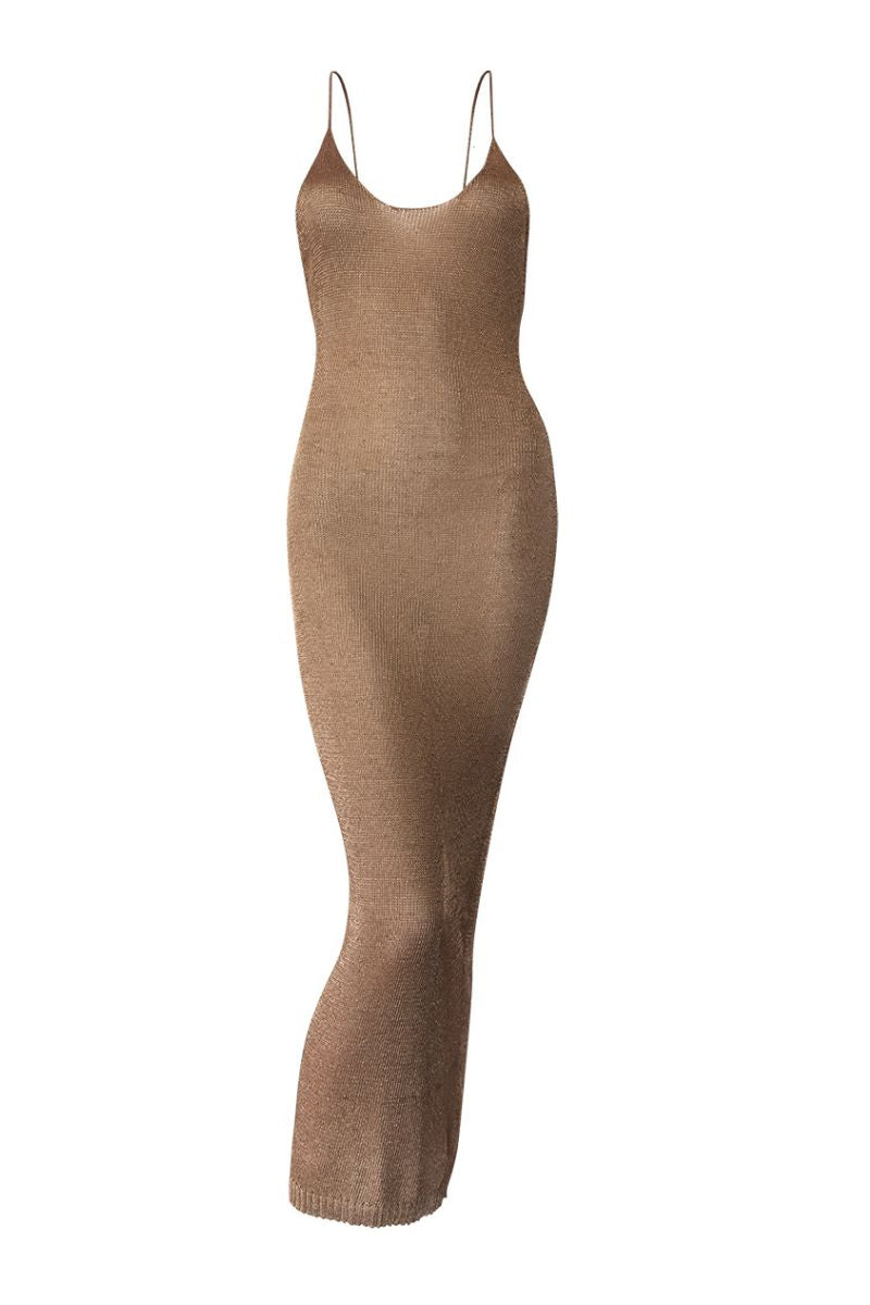 ROSE GOLD SPARKLY KNIT MAXI DRESS - CULT MIA