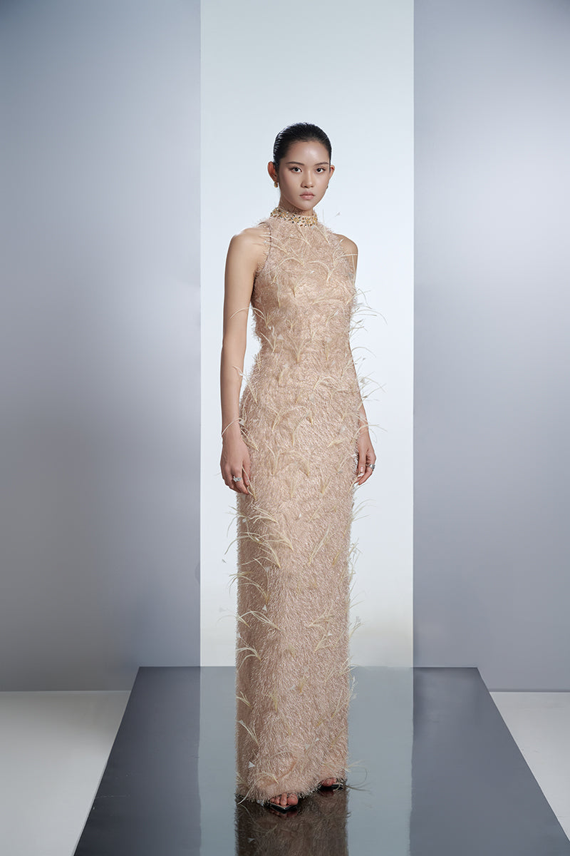 FEATHER MAXI DRESS IN BEIGE | CULT MIA FEATHER MAXI DRESS IN BEIGE | CULT MIA