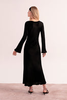 OvertheSea black insomnia midi dress displayed on a hanger, featuring a sleek, sleeveless design and elegant midi length.