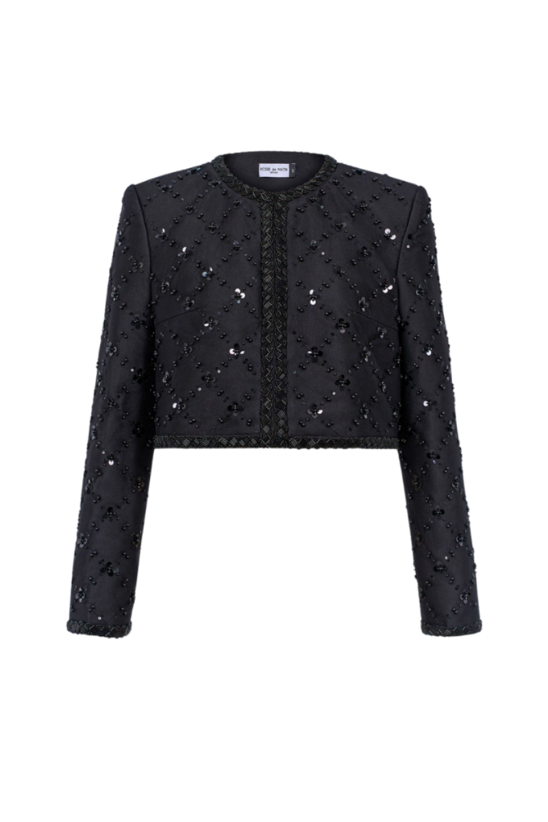 Black Lilly cropped jacket by Rosee de Matin, stylish women's jacket with a fitted design and modern silhouette.
