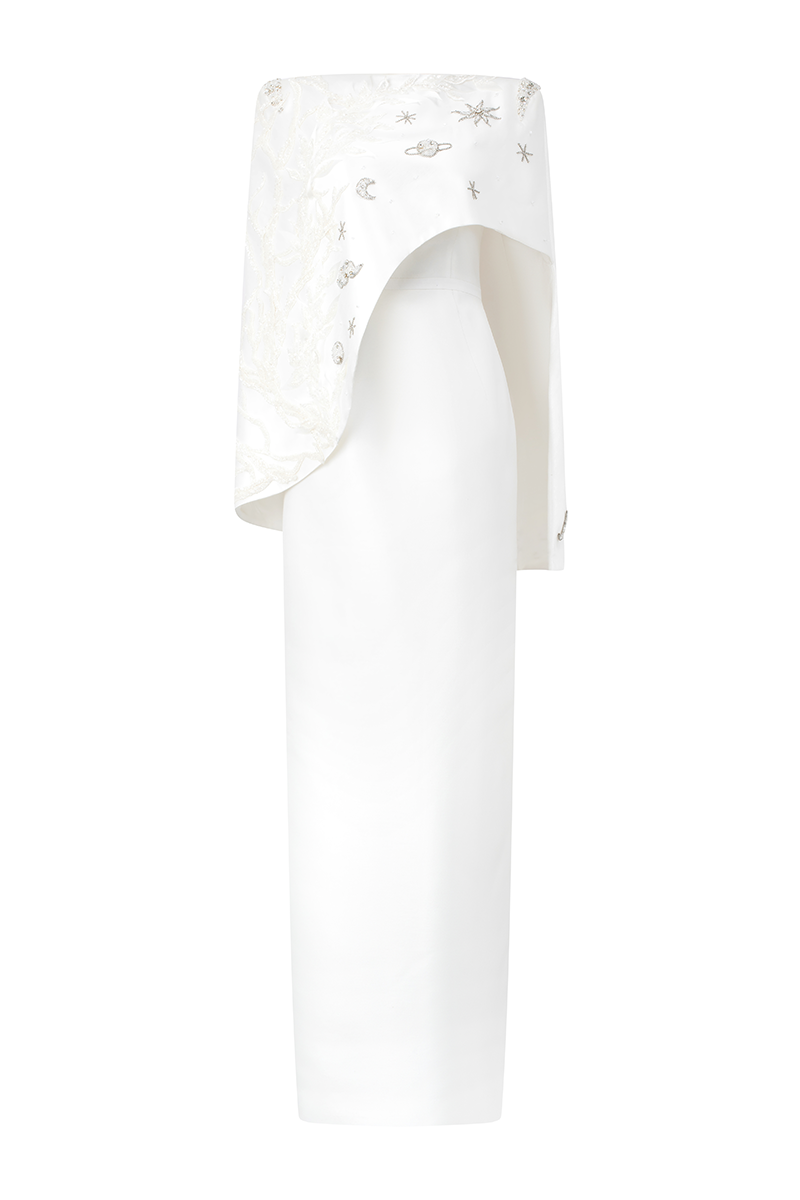 WHITE CAMISOLE STRAIGHT GOWN WITH ASYMMETRIC CAPE SET - CULT MIA
