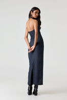 Summer Away Audrey midi skirt in vintage blue fabric, showcasing its flowy design and stylish silhouette.