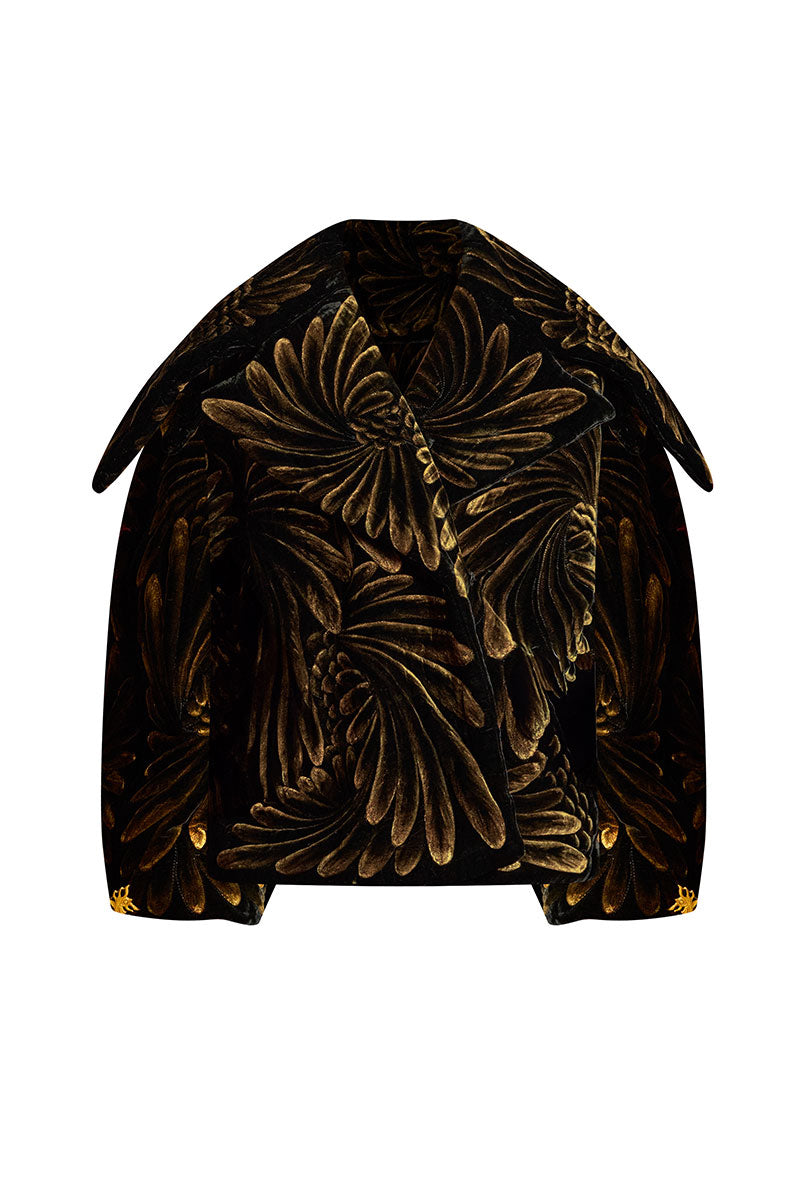 Le Thanh Hoa Aoni gold-quilted jacket featuring a shiny, padded design with a stand collar and front zipper closure.