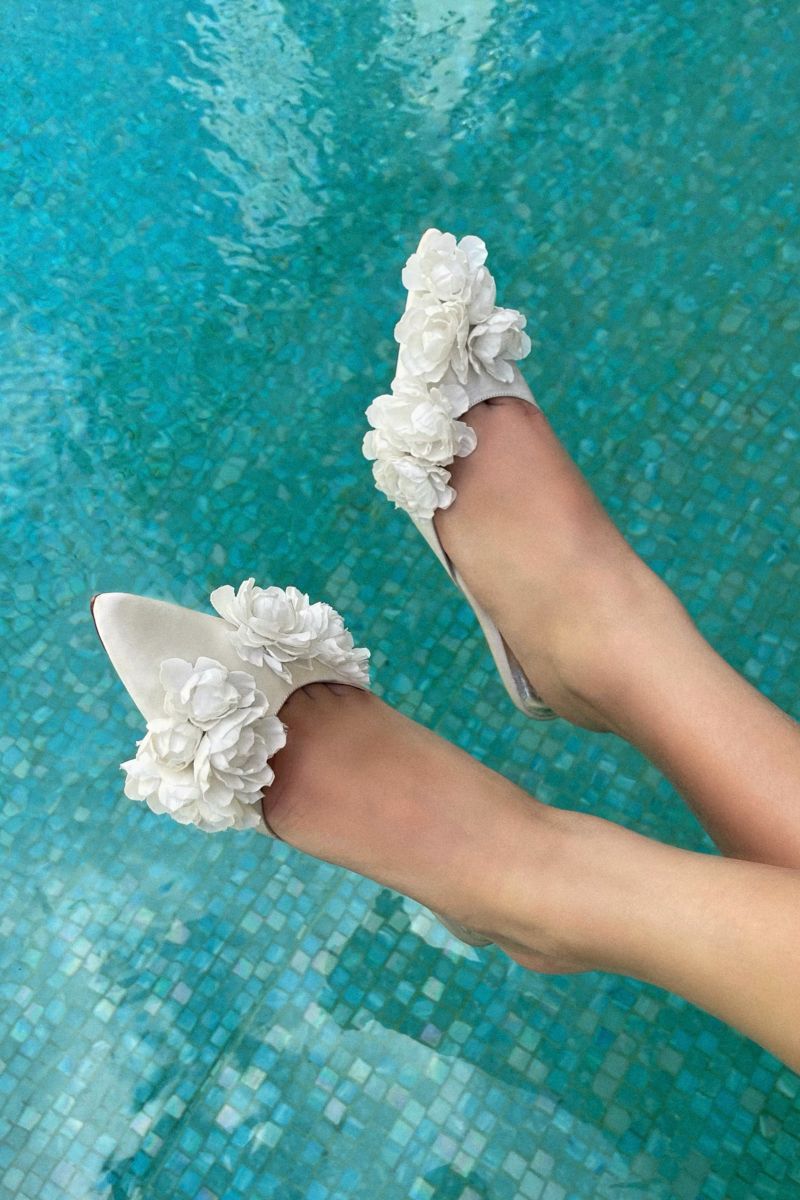 Christin Wu Camelia Cream Bloom Heels, stylish women's high heels with floral design and elegant cream color on a white background.