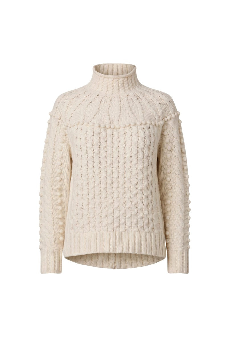 Rebecca Taylor raven turtleneck sweater, cozy knit long-sleeve top in a neutral color, close-up of the fabric and neckline design.