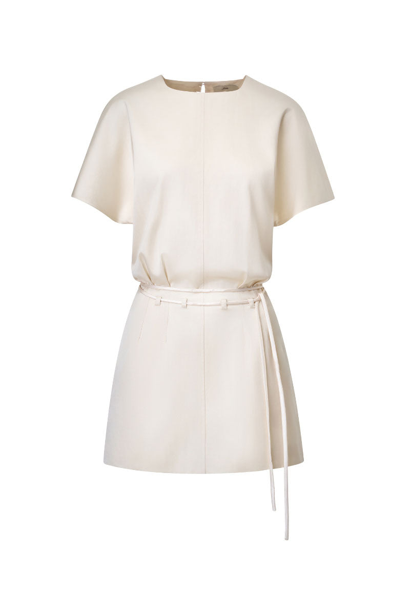 Light ivory Bloom mini dress by Leicia featuring a fitted silhouette and delicate fabric, perfect for warm-weather occasions.