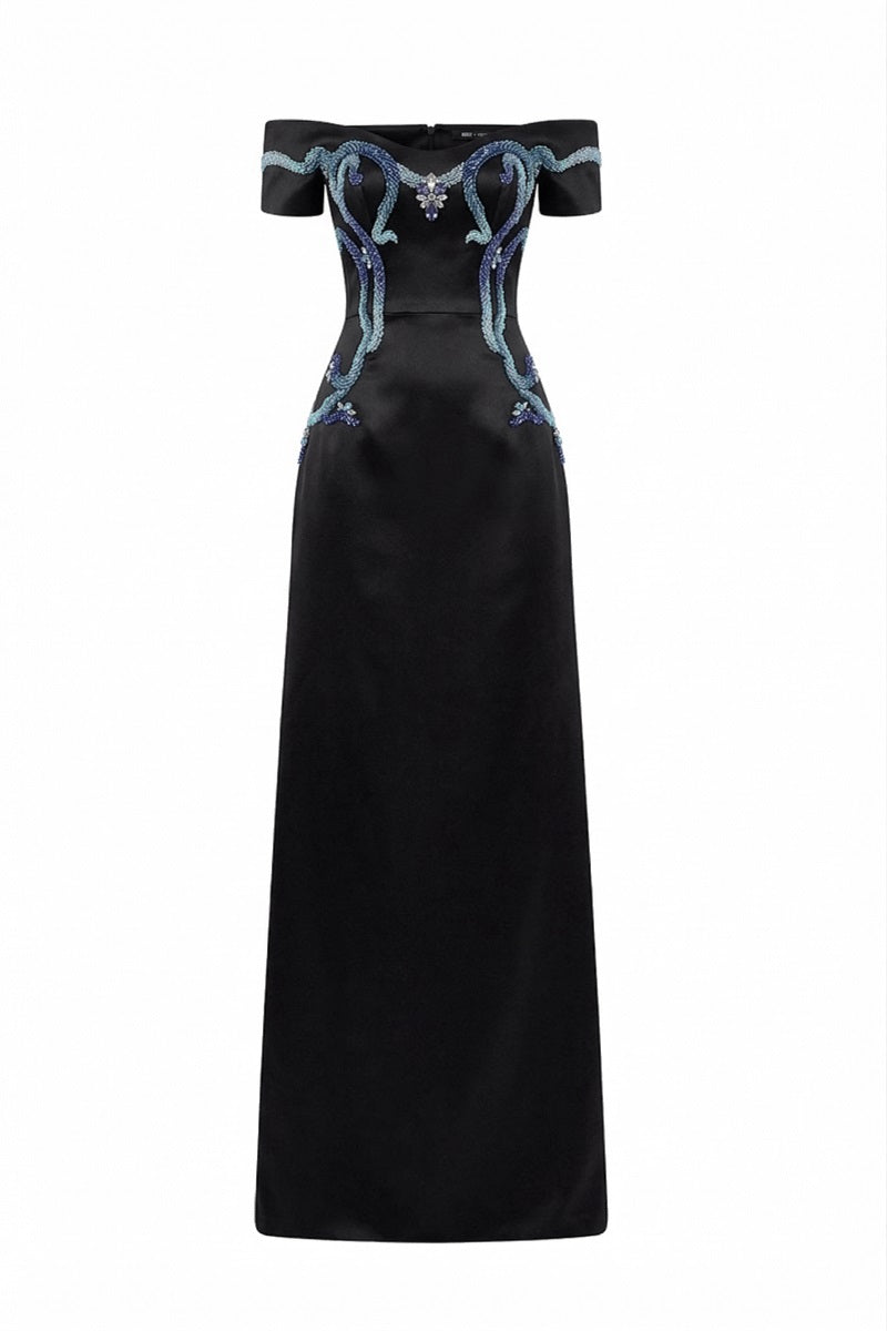 Black Verona Silk Taffeta gown by 21Six, featuring a sleek, elegant design with a fitted bodice and flowing skirt.