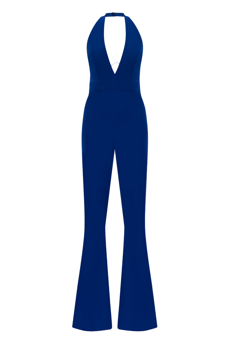 Lili Blanc royal blue V-neck jumpsuit, stylish and fitted, with wide-leg pants and sleeveless design, perfect for casual or dressy occasions.