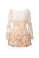 White and beige Lucienne lace mini dress by 21Six, featuring intricate lace details and a stylish, fitted silhouette.