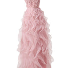 Pink layered stone and organza floral embellished gown by Happy Clothing, featuring intricate floral details and elegant fabric layers.
