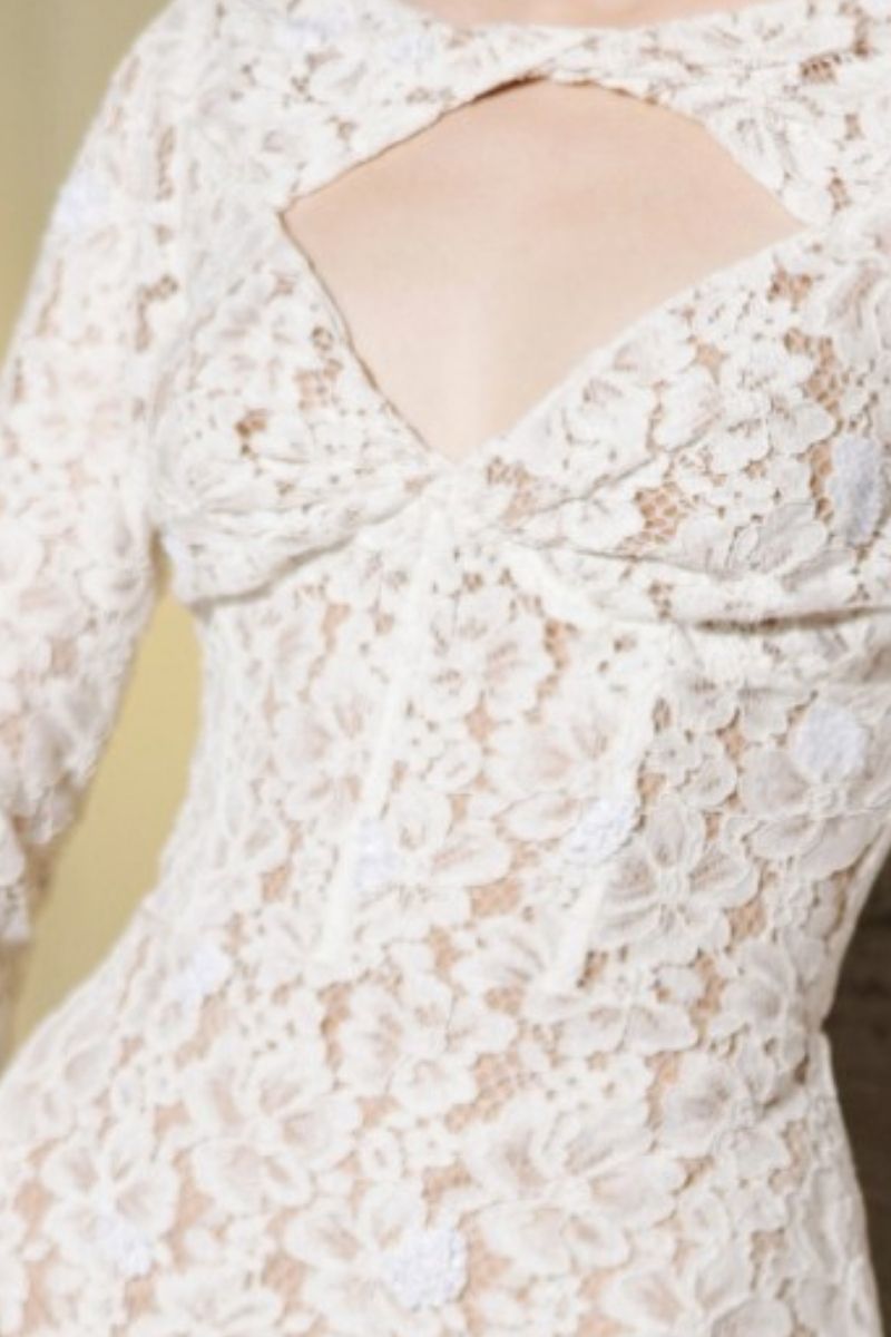 Beige Avery floral lace cut-out midi dress by 21Six, featuring intricate lace details and a stylish midi length.