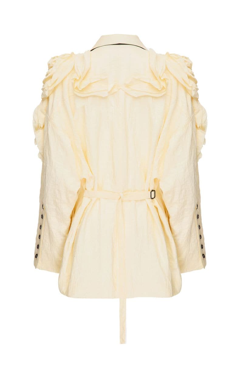 Vaska beige oversized jacket with rose embroidery, featuring a relaxed fit and stylish floral design on the front.