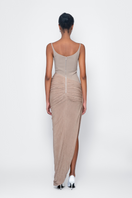 TONYY current nude brown gown featuring elegant design, flowing fabric, and sophisticated style for formal occasions.