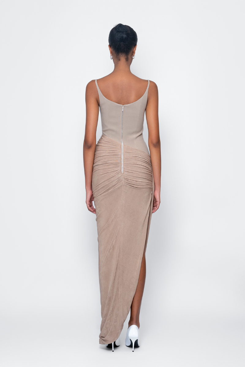 TONYY current nude brown gown featuring elegant design, flowing fabric, and sophisticated style for formal occasions.