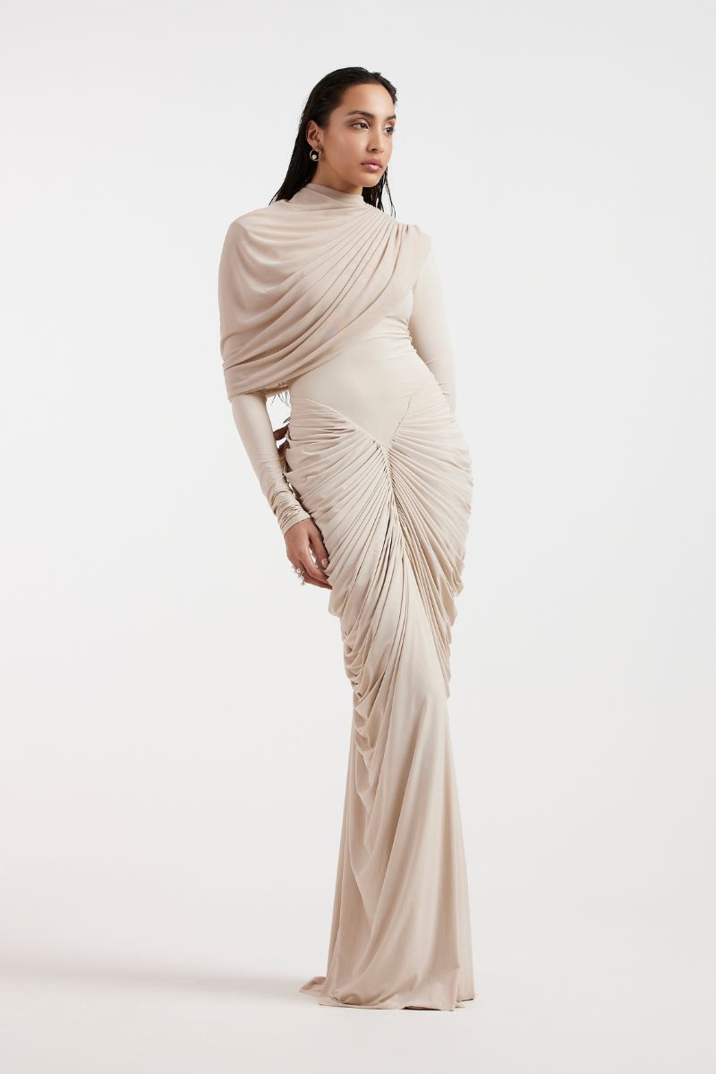 ELORA BEIGE DRAPED GOWN - CULT MIA