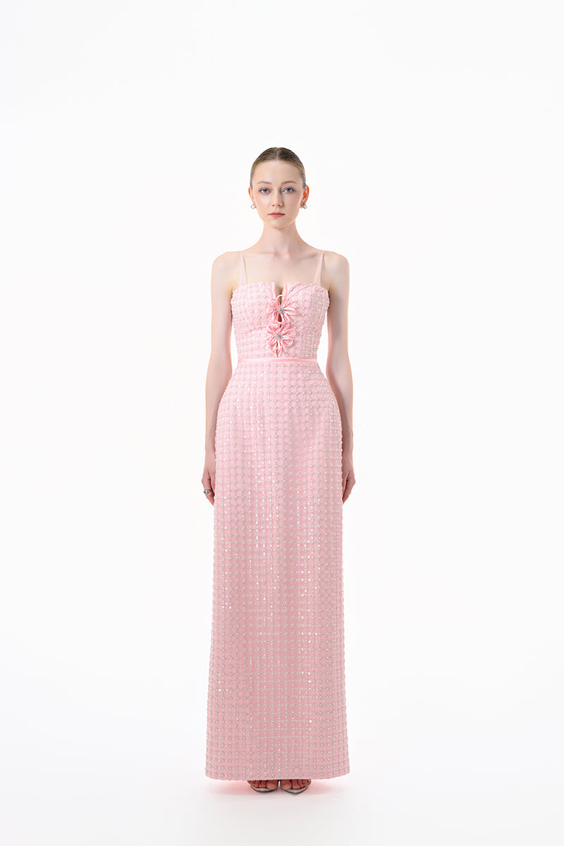 Pink structured corset gown by Happy Clothing, featuring a fitted bodice and flowing skirt, perfect for elegant occasions.