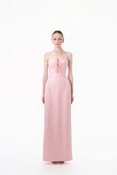 Pink structured corset gown by Happy Clothing, featuring a fitted bodice and flowing skirt, perfect for elegant occasions.