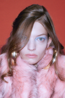 Sudi Etuz faux fur coat with attached scarf, stylish and cozy winter jacket with plush fur and matching scarf detail.