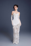 Keira Tong bouquet corset lace gown, elegant evening dress with intricate lace details and a fitted silhouette.