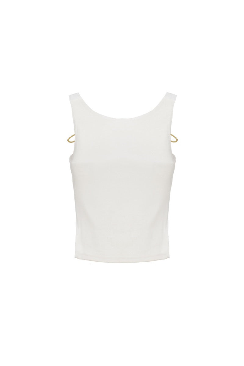 White Onalaja Bee Tank top displayed on a mannequin, featuring a sleeveless design and casual fit.