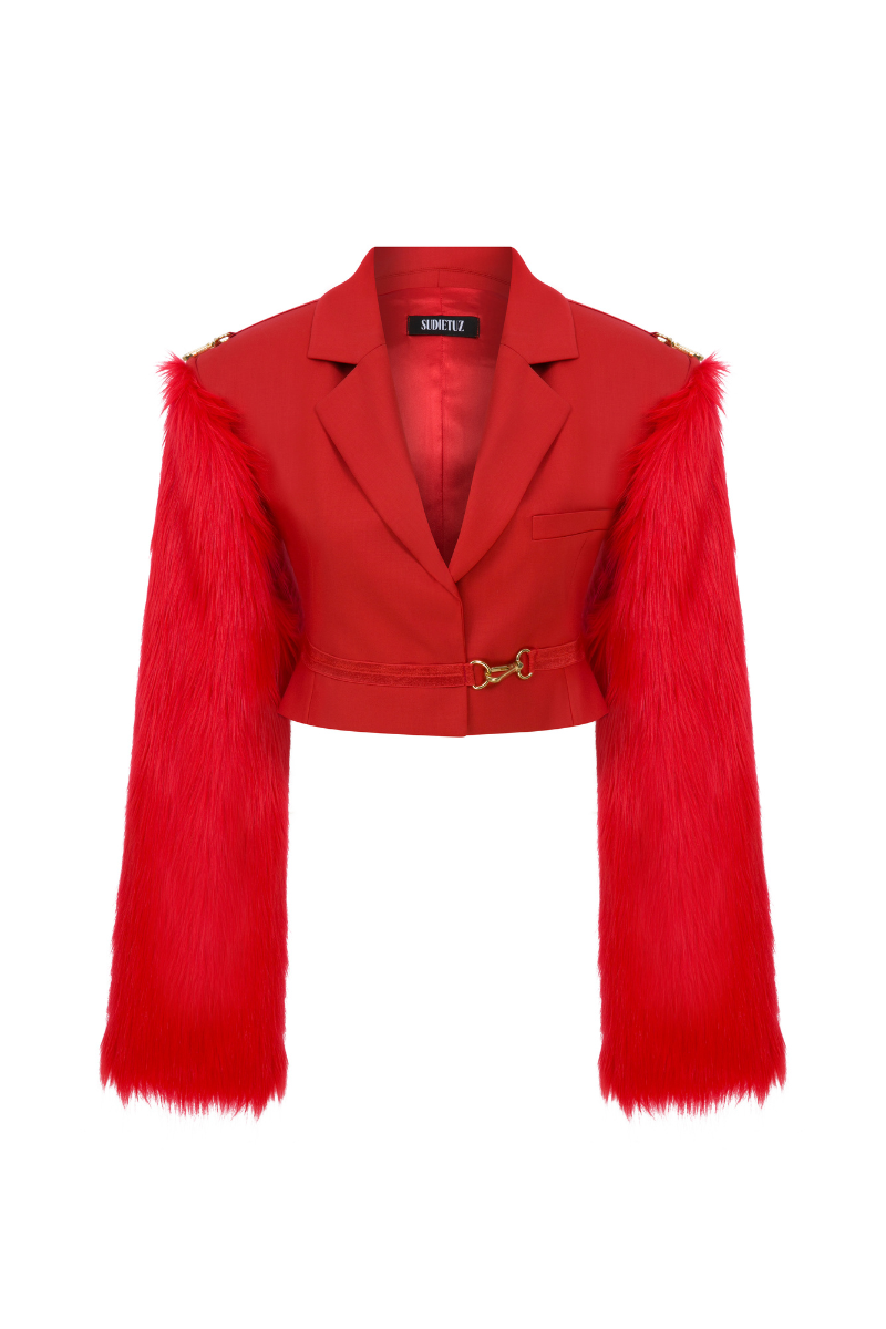 Sudi Etuz cropped jacket with removable faux fur sleeves, stylish outerwear featuring a modern design and versatile wear options.