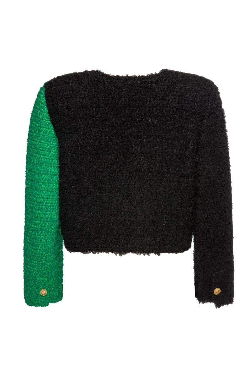 Lalo Brijy green color block jacket with bold contrasting panels, stylish and warm outerwear for casual wear.