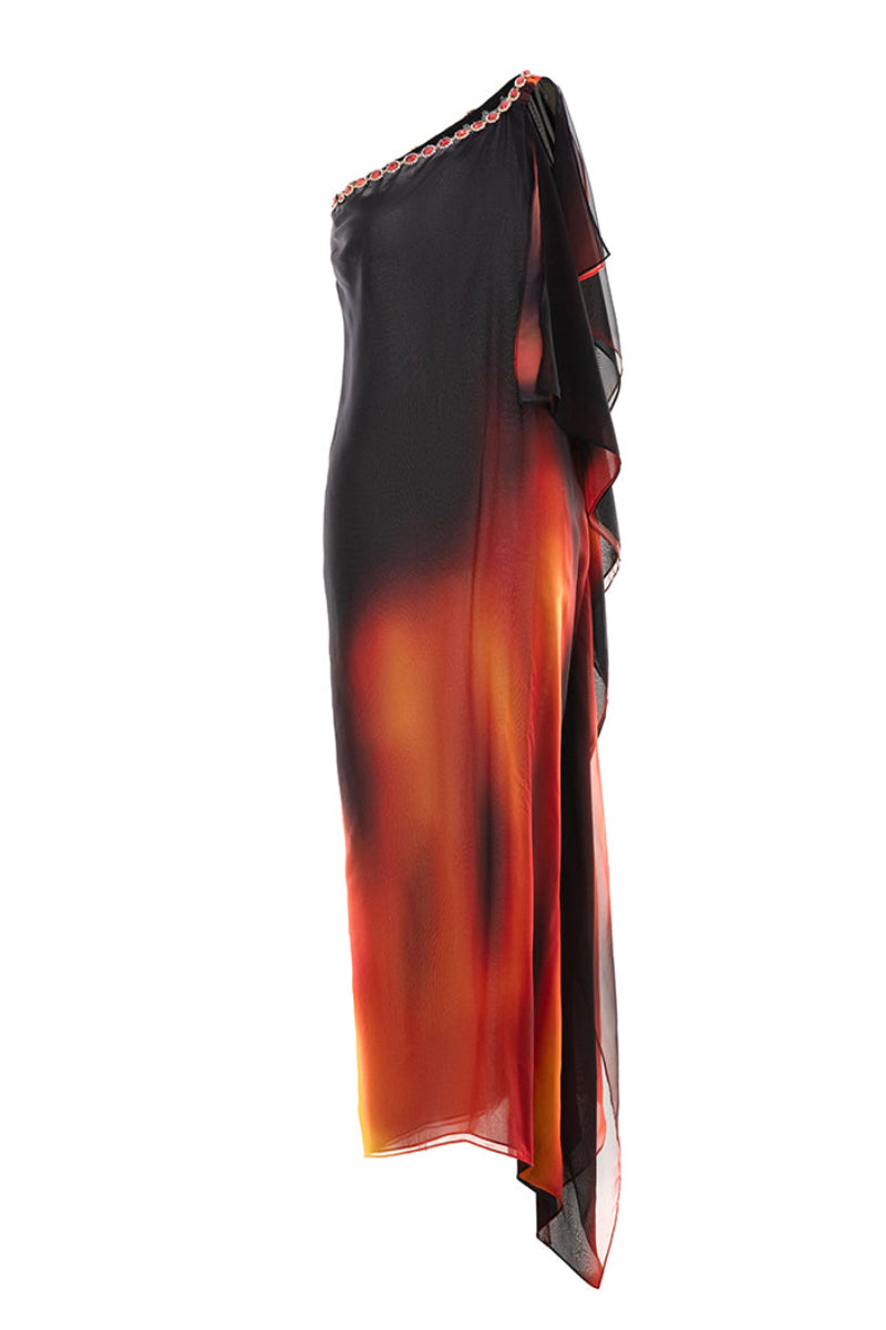 Beaded one-shoulder Valenciani maxi gown featuring intricate beadwork and flowing fabric, perfect for formal occasions.