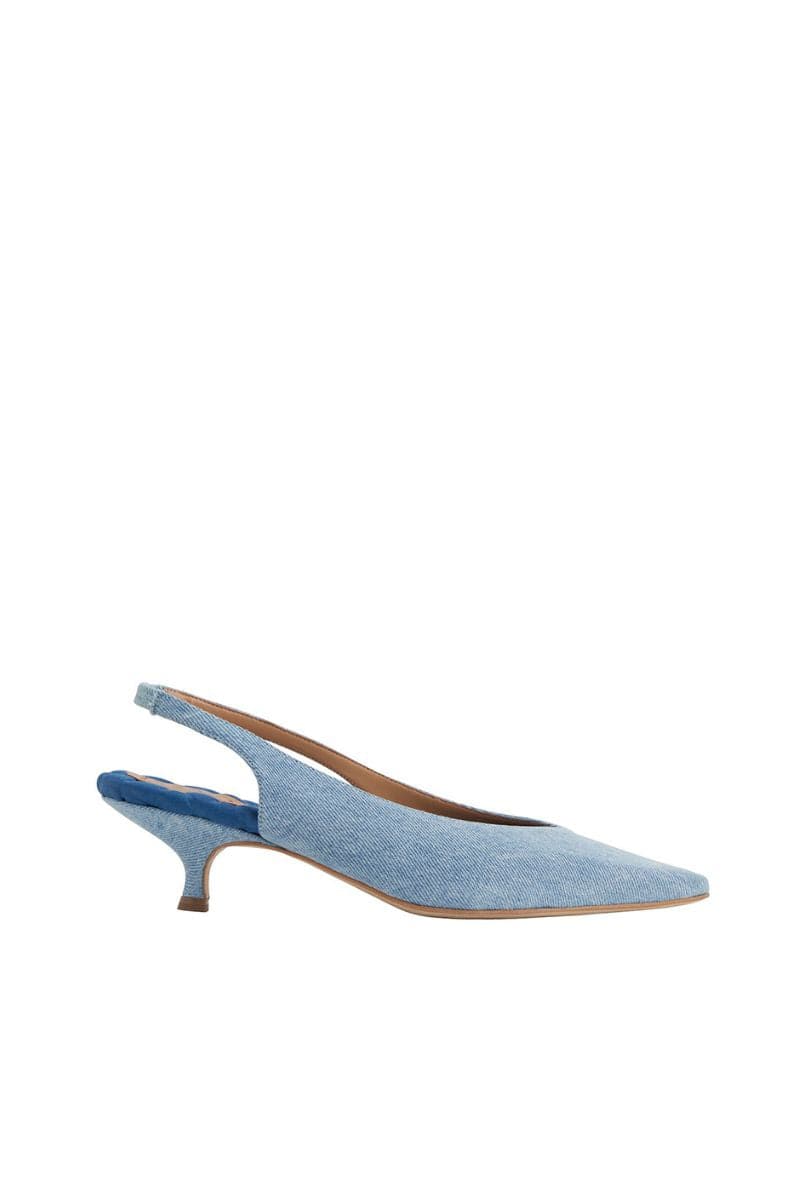 A pair of AERA SILVANA blue denim slingback pumps with open toes and heel straps, stylish and casual for women.