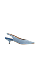 A pair of AERA Silvana blue denim slingback pumps with open toe heels, stylish and casual footwear for women.