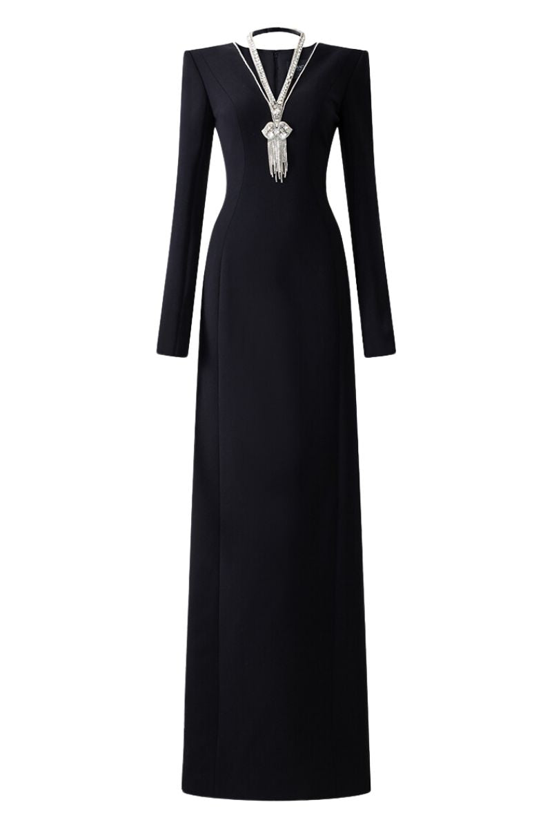 BLACK LONG SLEEVE BACK SLIT GOWN - CULT MIA