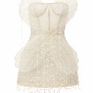 White Sabrina lace and tulle mini dress by 21Six featuring intricate lace details and a delicate tulle overlay.