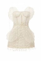 White Sabrina lace and tulle mini dress by 21Six featuring intricate lace details and a delicate tulle overlay.