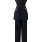 Black textured sleeveless blazer and pants co-ord set by 21Six, featuring a stylish, modern fit and sleek design.
