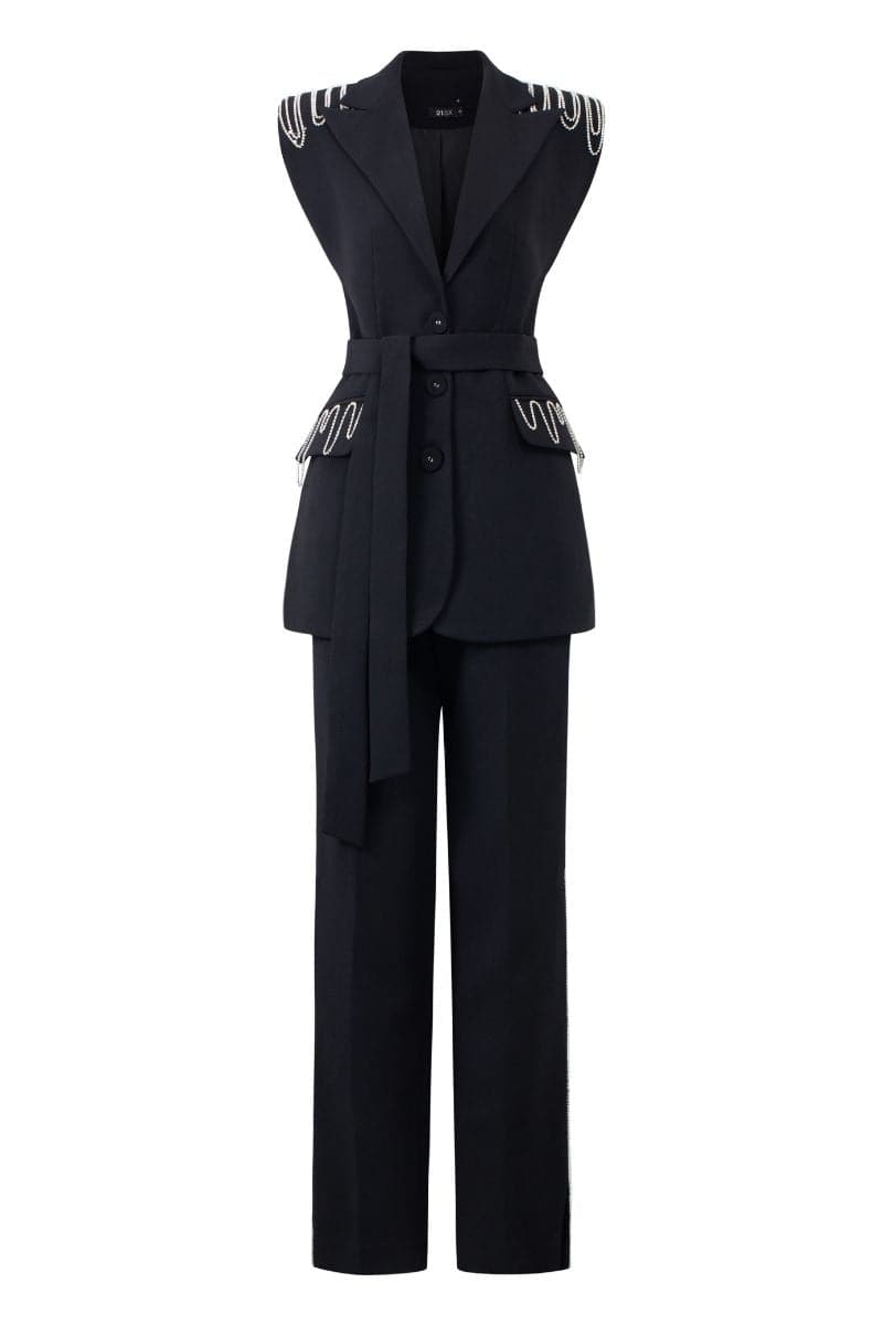 ALIVIA BLACK TEXTURE SLEEVELESS BLAZER AND PANTS SET | 21Six | CULT MIA