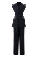 Black textured sleeveless blazer and pants co-ord set by 21Six, featuring a stylish, modern fit and sleek design.