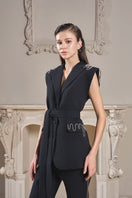 Black texture sleeveless blazer and pants co-ords set by 21Six, stylish tailored look with fitted sleeveless blazer and matching pants.