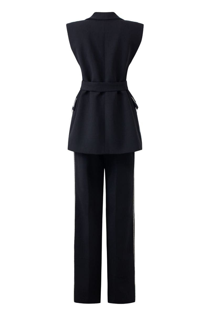 Black textured sleeveless blazer and pants co-ord set by 21Six, stylish and modern, perfect for contemporary fashion looks.
