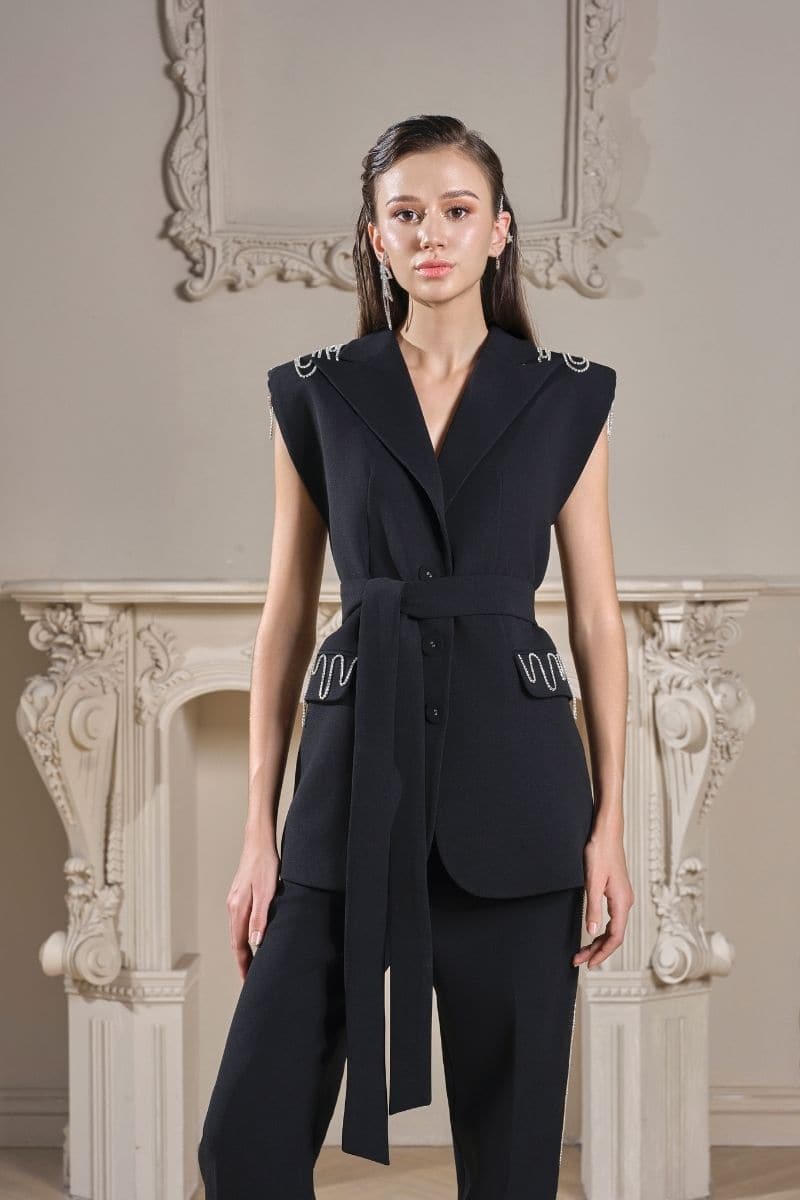 Black textured sleeveless blazer and pants co-ord set by 21Six, featuring a stylish sleeveless design and tailored fit.