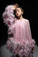 Pink Annie chiffon funnel mini dress by 21Six, featuring a flowy chiffon fabric and a stylish funnel neckline, shown on a model.