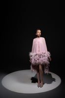 Pink ANNIE CHIFFON FUNNEL MINI DRESS by 21Six, showcased on a model, featuring a flowy chiffon fabric and a stylish funnel neckline.