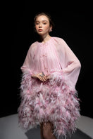 Pink Annie Chiffon Funnel Mini Dress by 21Six, featuring a flowy chiffon fabric and a stylish funnel neckline, displayed on a hanger.