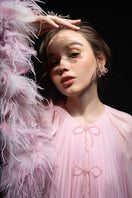 Pink Annie Chiffon Funnel Mini Dress by 21Six, featuring a fitted silhouette and soft chiffon fabric, shown on a model.