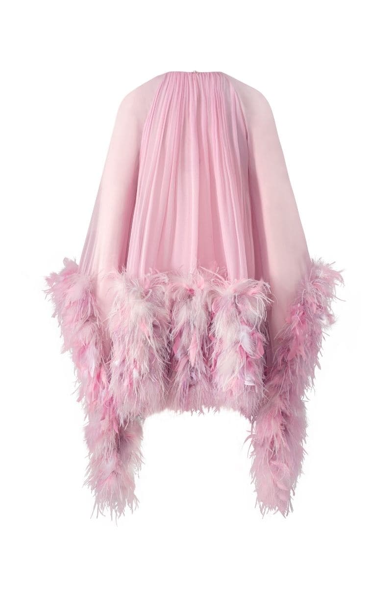 Pink Annie chiffon funnel mini dress by 21Six, featuring a stylish mini dress design with a flowy chiffon fabric.